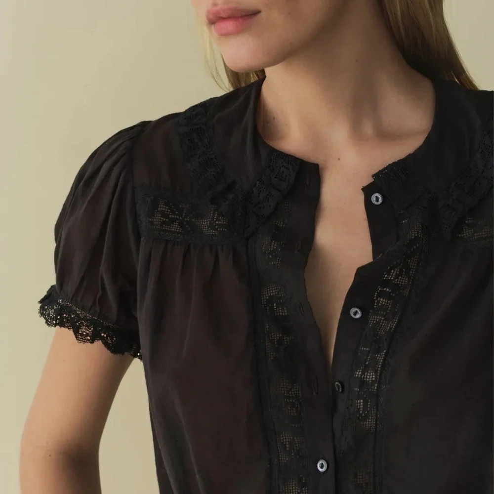Doen Skylark Cotton Lace Collar Button Crop Short Puff Sleeve Blouse Top Black